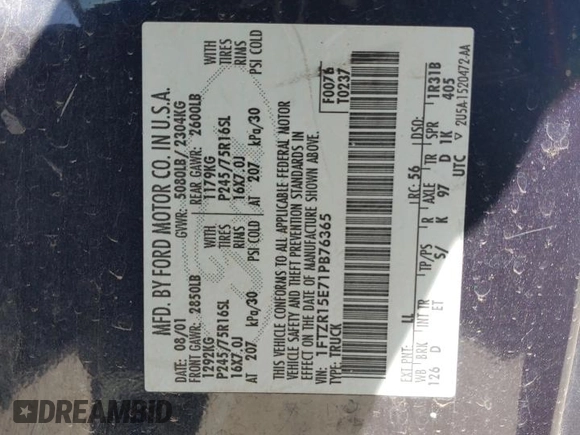 2001 Ford Ranger XL Fleet z VIN 1FTZR15E71PB76365, wystawiony jako Copart lot #54691645 z przebiegiem 194 974 mil mil oraz Szkoda całkowita • Salvage title. Historia ofert i sprzedaży dostępna na DreamBid. Obrazek 12.