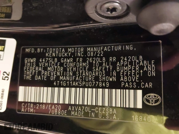 2023 Toyota Camry SE z VIN 4T1G11AK5PU077849, wystawiony jako IAAI lot #42210826 z przebiegiem 45 680 mil mil oraz . Historia ofert i sprzedaży dostępna na DreamBid. Obrazek 9.