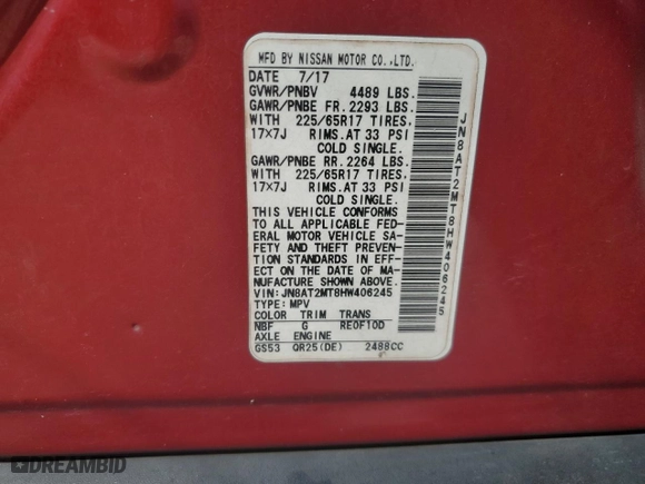 2017 Nissan Rogue SL with VIN JN8AT2MT8HW406245, listed as a Copart auction lot 47826775 with 212,050 mi miles and Salvage Title. Bid and sale history available at carsss.com. Image 13.