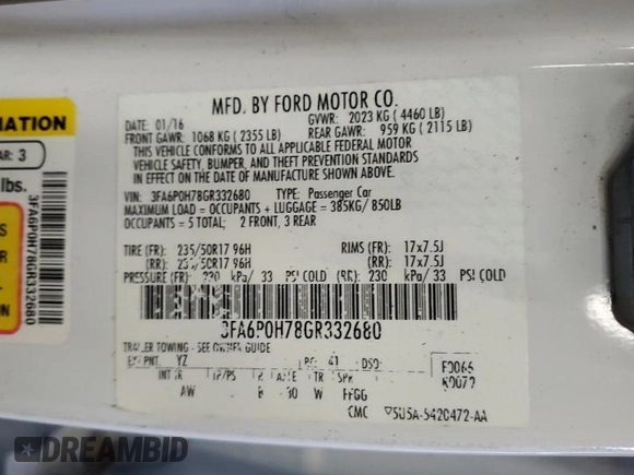 2016 Ford Fusion SE with VIN 3FA6P0H78GR332680, listed as a Copart auction lot 63182815 with 123,464 mi miles and Clean title. Bid and sale history available at DreamBid. Image 12.