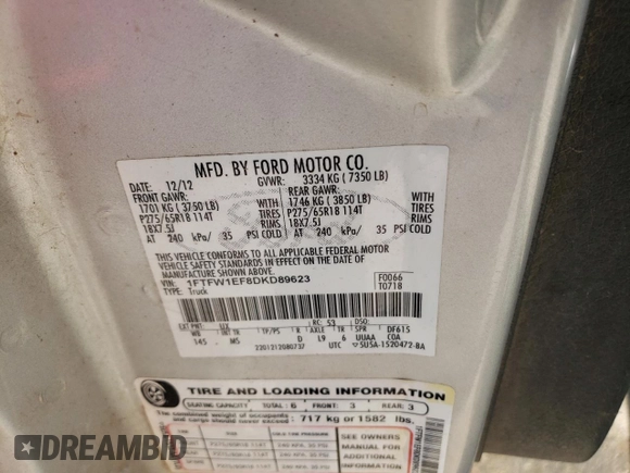 2013 Ford F-150 XL with VIN 1FTFW1EF8DKD89623, listed as a Copart auction lot 57094125 with 238,821 mi miles and Salvage title. Bid and sale history available at DreamBid. Image 12.
