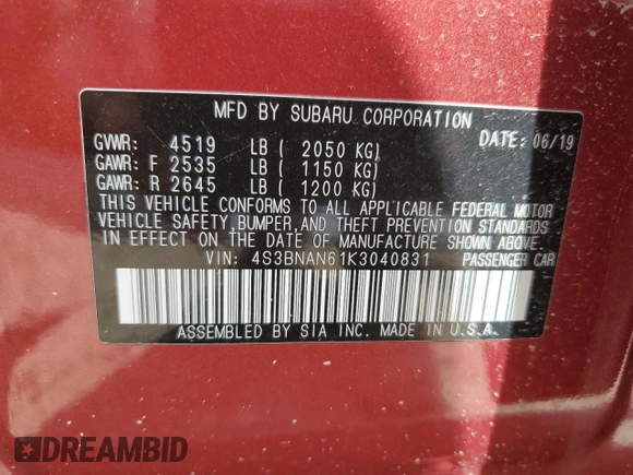 2019 Subaru Legacy Limited with VIN 4S3BNAN61K3040831, listed as a Copart auction lot 53819225 with Not provided miles and Salvage title. Bid and sale history available at DreamBid. Image 13.