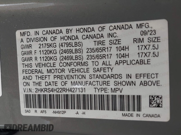 2024 Honda CR-V LX with VIN 2HKRS4H22RH427131, listed as a IAAI auction lot 41365338 with 16,280 mi miles and . Bid and sale history available at DreamBid. Image 9.
