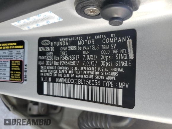 2011 Hyundai Veracruz GLS with VIN KM8NUDCC1BU158054, listed as a Copart auction lot 43576765 with 178,905 mi miles and Salvage Title. Bid and sale history available at DreamBid. Image 15.