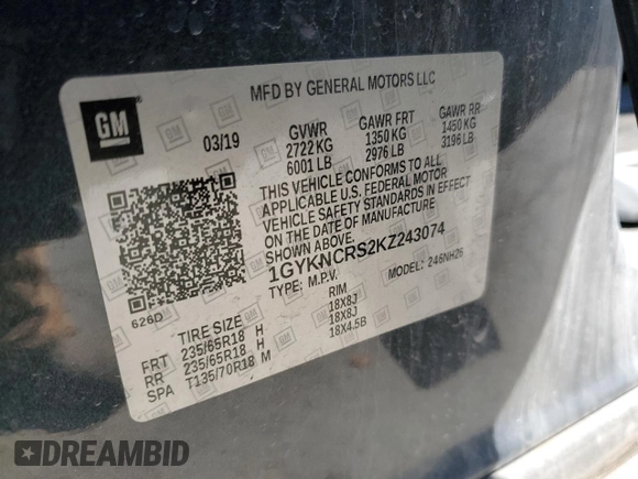 2019 Cadillac XT5 Luxury FWD with VIN 1GYKNCRS2KZ243074, listed as a Copart auction lot 44820955 with 49,299 mi miles and Salvage Title. Bid and sale history available at DreamBid. Image 13.