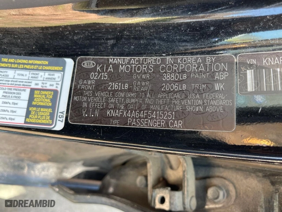 2015 Kia Forte LX with VIN KNAFX4A64F5415251, listed as a Copart auction lot 53203355 with 177,451 mi miles and Clean Title. Bid and sale history available at carsss.com. Image 10.