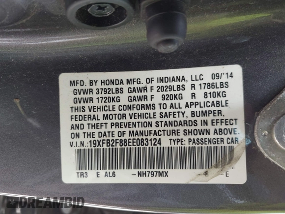 2014 Honda Civic Sedan EX with VIN 19XFB2F88EE083124, listed as a IAAI auction lot 41897043 with 141,407 mi miles. Bid and sale history available at carsss.com. Image 9.