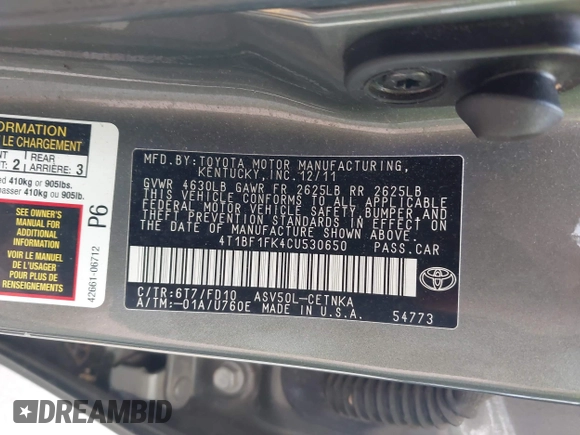 2012 Toyota Camry L z VIN 4T1BF1FK4CU530650, wystawiony jako IAAI lot #42275744 z przebiegiem 189 490 mil mil oraz . Historia ofert i sprzedaży dostępna na DreamBid. Obrazek 9.