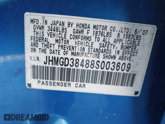 2008 Honda Fit with VIN JHMGD38488S003609, listed as a IAAI auction lot 41092137 with 209,969 mi miles and . Bid and sale history available at DreamBid. Image 9.