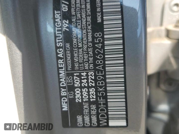 2014 Mercedes-Benz E 350 Sport with VIN WDDHF5KB9EA862458, listed as a Copart auction lot 63375545 with 75,110 mi miles and Salvage title. Bid and sale history available at DreamBid. Image 12.