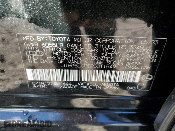 2023 Lexus LS с VIN JTHG5LGF5P5011549, выставлен на аукционе Copart как лот 67789534 с пробегом 45 миль миль и Списание • Salvage title. История ставок и продаж доступна на DreamBid. Изображение 13.