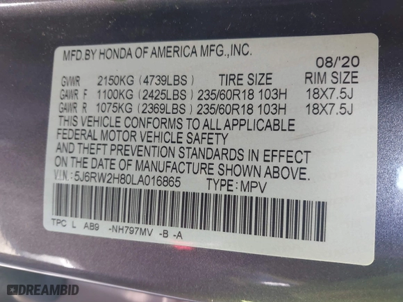 2020 Honda CR-V EX-L with VIN 5J6RW2H80LA016865, listed as a IAAI auction lot 41651030 with 34,666 mi miles. Bid and sale history available at carsss.com. Image 9.