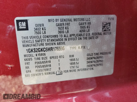 2017 GMC Yukon XL SLT with VIN 1GKS2GKC6HR176596, listed as a Copart auction lot 68098874 with 172,035 mi miles and Salvage Title. Bid and sale history available at carsss.com. Image 13.
