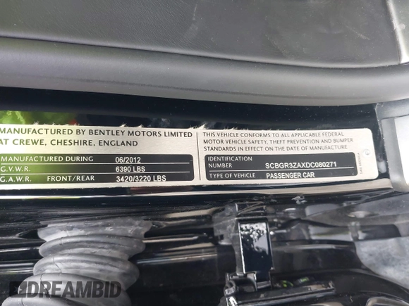 2013 Bentley Continental GT with VIN SCBGR3ZAXDC080271, listed as a IAAI auction lot 39498924 with 39,873 mi miles and . Bid and sale history available at DreamBid. Image 9.