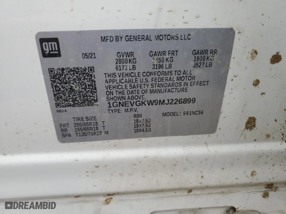 2021 Chevrolet Traverse LT Cloth with VIN 1GNEVGKW9MJ226899, listed as a Copart auction lot 50869765 with 0 mi miles and Salvage Title. Bid and sale history available at carsss.com. Image 13.