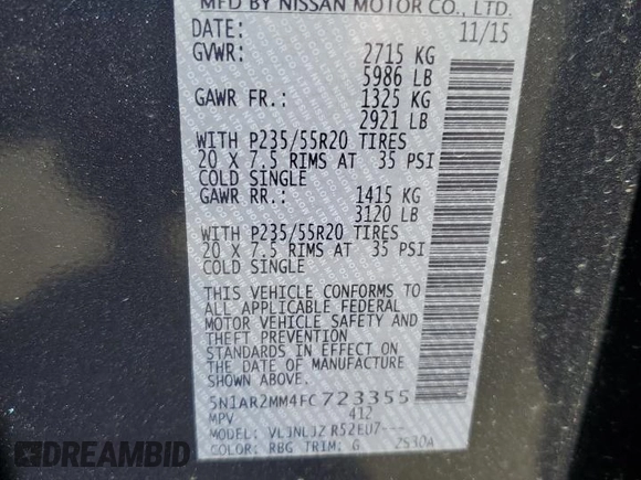 2015 Nissan Pathfinder Platinum with VIN 5N1AR2MM4FC723355, listed as a Copart auction lot 61109715 with 124,360 mi miles and Salvage title. Bid and sale history available at DreamBid. Image 13.