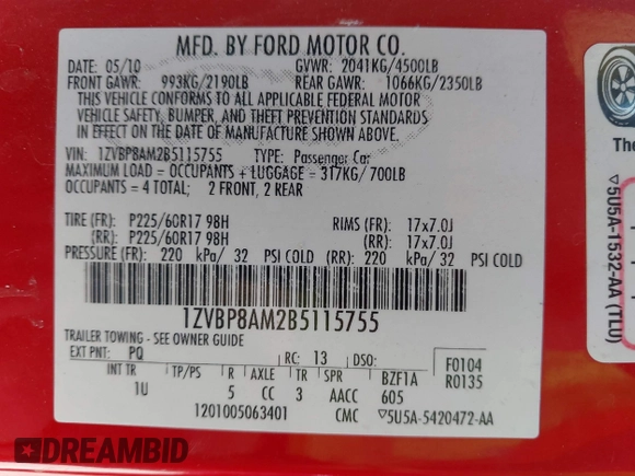 2011 Ford Mustang V6 z VIN 1ZVBP8AM2B5115755, wystawiony jako IAAI lot #41683472 z przebiegiem 183 219 mil mil oraz . Historia ofert i sprzedaży dostępna na DreamBid. Obrazek 9.