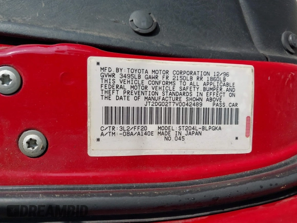1997 Toyota Celica GT z VIN JT2DG02T7V0042489, wystawiony jako IAAI lot #42132625 z przebiegiem 239 616 mil mil oraz . Historia ofert i sprzedaży dostępna na DreamBid. Obrazek 9.