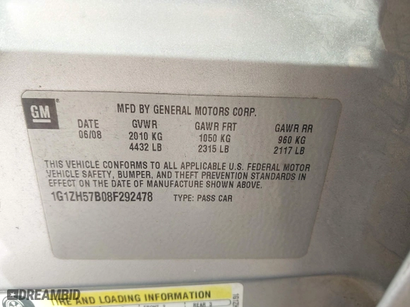 2008 Chevrolet Malibu LT w/1LT with VIN 1G1ZH57B08F292478, listed as a IAAI auction lot 41649919 with 159,770 mi miles. Bid and sale history available at carsss.com. Image 9.