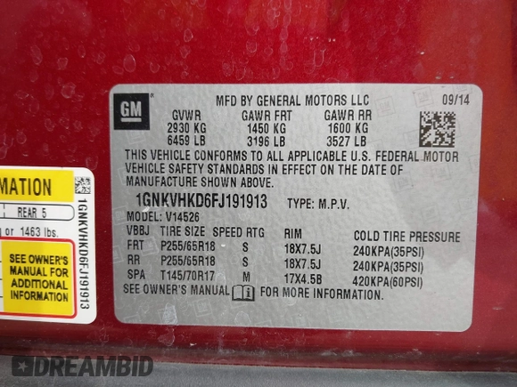 2015 Chevrolet Traverse LT with VIN 1GNKVHKD6FJ191913, listed as a IAAI auction lot 41524150 with 148,066 mi miles and . Bid and sale history available at DreamBid. Image 9.