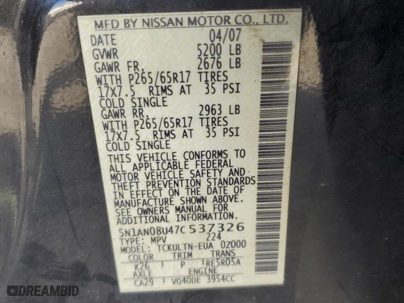 2007 Nissan Xterra SE with VIN 5N1AN08U47C537326, listed as a Copart auction lot 50563305 with 168,950 mi miles and Salvage Title. Bid and sale history available at carsss.com. Image 15.