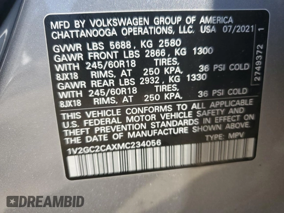 2021 Volkswagen Atlas S with VIN 1V2GC2CAXMC234056, listed as a Copart auction lot 67845224 with 75,937 mi miles and Salvage title. Bid and sale history available at DreamBid. Image 15.