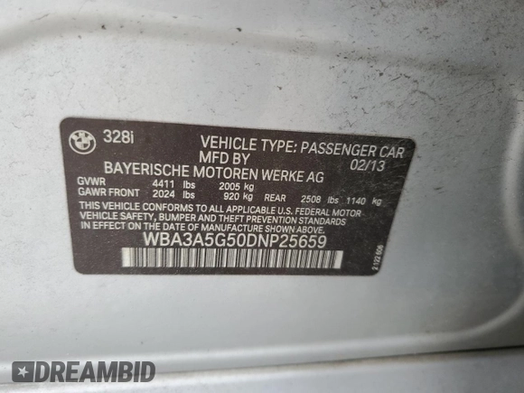 2013 BMW 3 Series 328i with VIN WBA3A5G50DNP25659, listed as a Copart auction lot 47599185 with 175,703 mi miles and Salvage Title. Bid and sale history available at carsss.com. Image 12.