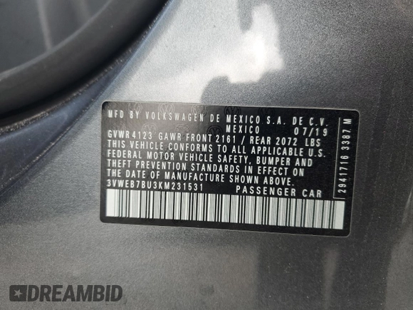 2019 Volkswagen Jetta SEL z VIN 3VWEB7BU3KM231531, wystawiony jako Copart lot #63348835 z przebiegiem 56 098 mil mil oraz Szkoda całkowita • Salvage title. Historia ofert i sprzedaży dostępna na DreamBid. Obrazek 12.
