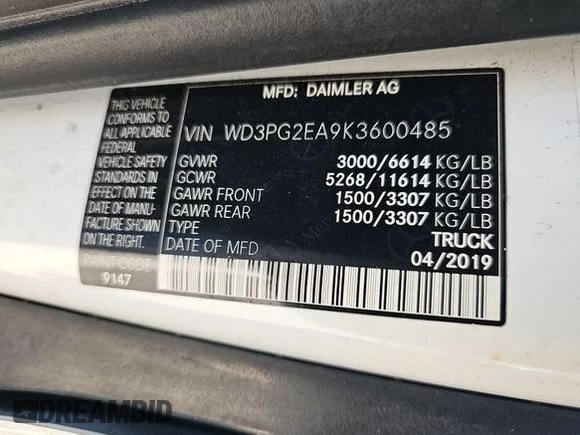 2019 Mercedes-Benz Metris Cargo z VIN WD3PG2EA9K3600485, wystawiony jako IAAI lot #42090308 z przebiegiem 31 688 mil mil oraz . Historia ofert i sprzedaży dostępna na DreamBid. Obrazek 1.