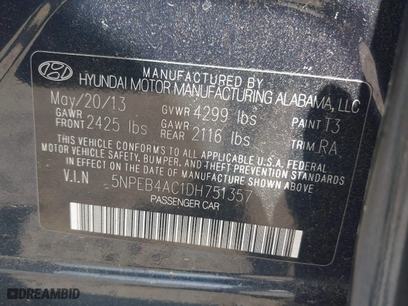 2013 Hyundai Sonata GLS with VIN 5NPEB4AC1DH751357, listed as a IAAI auction lot 42046348 with 118,619 mi miles. Bid and sale history available at carsss.com. Image 9.