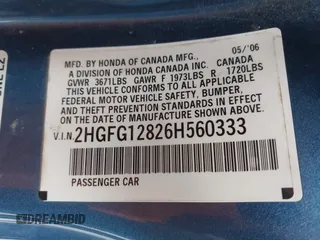 2006 Honda Civic Cpe EX with VIN 2HGFG12826H560333, listed as a IAAI auction lot 42131156 with 182,438 mi miles. Bid and sale history available at carsss.com. Image 9.