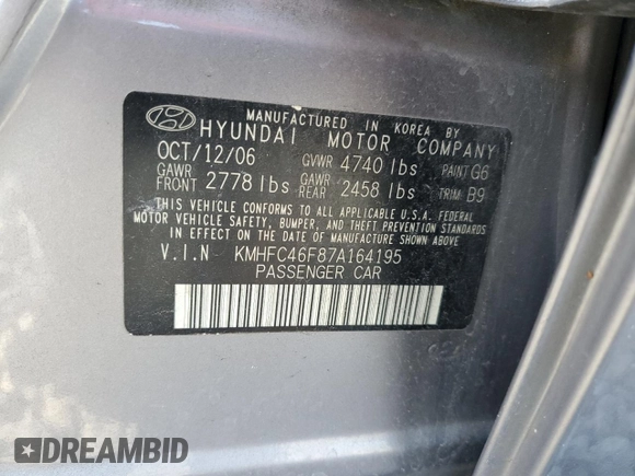 2007 Hyundai Azera SE z VIN KMHFC46F87A164195, wystawiony jako Copart lot #52500115 z przebiegiem 191 835 mil mil oraz Szkoda całkowita • Salvage title. Historia ofert i sprzedaży dostępna na DreamBid. Obrazek 14.