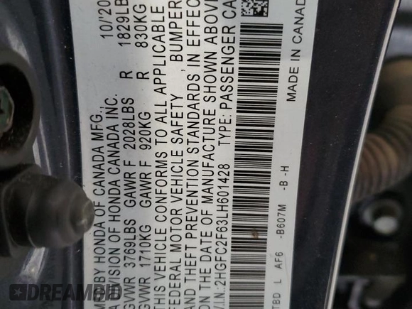 2020 Honda Civic Sedan LX with VIN 2HGFC2F63LH601428, listed as a Copart auction lot 52179865 with 43,782 mi miles and Salvage Title. Bid and sale history available at carsss.com. Image 13.