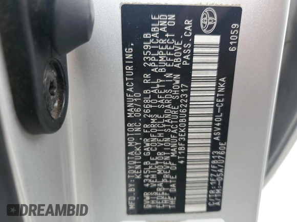 2011 Toyota Camry LE with VIN 4T1BF3EK0BU622317, listed as a Copart auction lot 52599265 with 247,706 mi miles and Salvage Title. Bid and sale history available at carsss.com. Image 14.