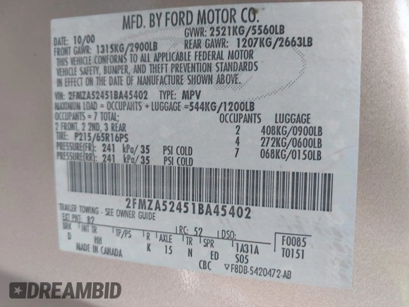 2001 Ford Windstar SE с VIN 2FMZA52451BA45402, выставлен на аукционе IAAI как лот 41453599 с пробегом 149 862 миль миль и . История ставок и продаж доступна на DreamBid. Изображение 9.