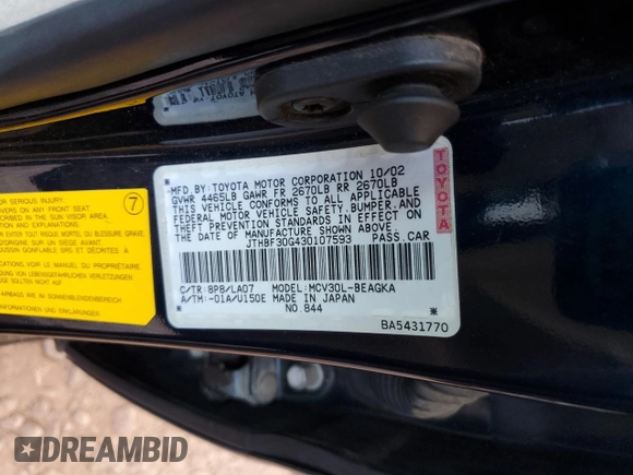 2003 Lexus ES 300 with VIN JTHBF30G430107593, listed as a Copart auction lot 52400765 with 270,767 mi miles and Salvage Title. Bid and sale history available at DreamBid. Image 13.