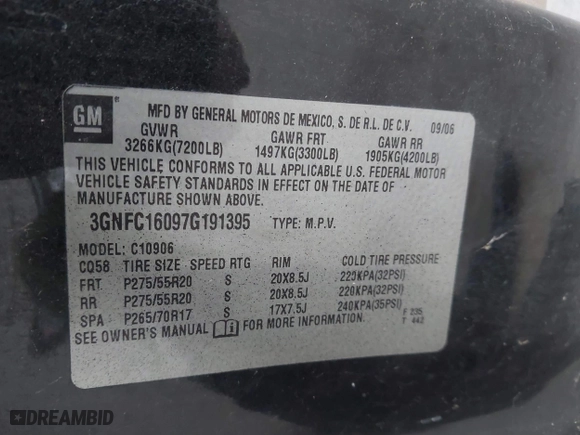 2007 Chevrolet Suburban LT with VIN 3GNFC16097G191395, listed as a IAAI auction lot 41683775 with 274,232 mi miles. Bid and sale history available at carsss.com. Image 9.