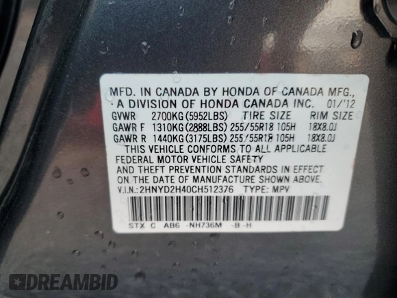 2012 Acura MDX Tech/Entertainment Pkg with VIN 2HNYD2H40CH512376, listed as a Copart auction lot 50710405 with 134,872 mi miles and Clean Title. Bid and sale history available at carsss.com. Image 12.