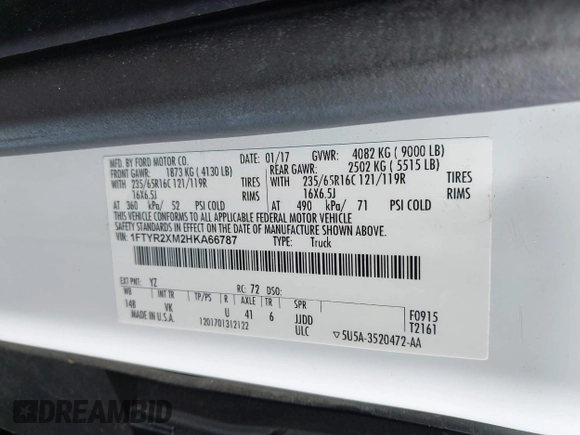 2017 Ford Transit z VIN 1FTYR2XM2HKA66787, wystawiony jako IAAI lot #40784197 z przebiegiem 161 147 mil mil oraz . Historia ofert i sprzedaży dostępna na DreamBid. Obrazek 9.