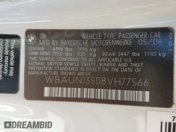 2008 BMW 1 Series 128i with VIN WBAUN13508VH77566, listed as a Copart auction lot 49605155 with 66,885 mi miles and Salvage Title. Bid and sale history available at DreamBid. Image 12.