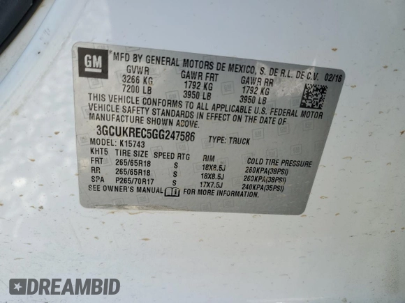 2016 Chevrolet Silverado 1500 LT with VIN 3GCUKREC5GG247586, listed as a Copart auction lot 49600245 with 218,489 mi miles and Salvage Title. Bid and sale history available at DreamBid. Image 12.