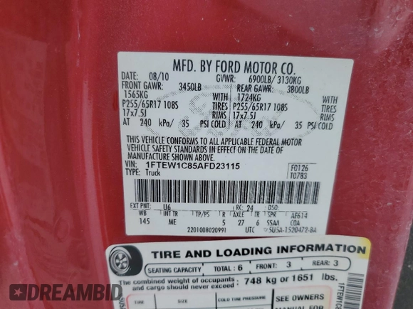 2010 Ford F-150 XL with VIN 1FTEW1C85AFD23115, listed as a Copart auction lot 45932545 with 193,965 mi miles and Salvage Title. Bid and sale history available at carsss.com. Image 12.
