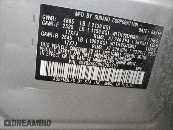 2017 Subaru Outback Premium z VIN 4S4BSACC0H3387931, wystawiony jako Copart lot #64168505 z przebiegiem 126 572 mil mil oraz Szkoda całkowita • Salvage title. Historia ofert i sprzedaży dostępna na DreamBid. Obrazek 13.