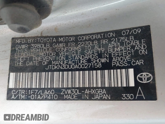 2010 Toyota Prius II with VIN JTDKN3DU0A0027158, listed as a IAAI auction lot 41920135 with 162,463 mi miles. Bid and sale history available at carsss.com. Image 9.