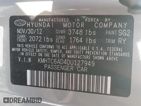 2013 Hyundai Veloster RE:MIX with VIN KMHTC6AD4DU127949, listed as a Copart auction lot 56993075 with 95,772 mi miles and Salvage title. Bid and sale history available at DreamBid. Image 12.