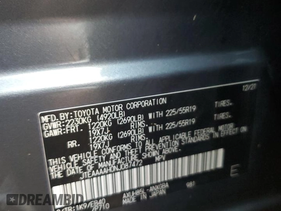 2022 Toyota Venza LE with VIN JTEAAAAH0NJ087472, listed as a Copart auction lot 74319204 with 36,072 mi miles and Non Repairable. Bid and sale history available at carsss.com. Image 14.
