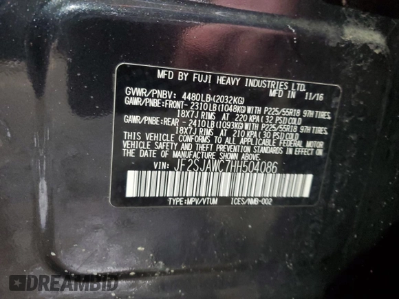 2017 Subaru Forester Touring with VIN JF2SJAWC7HH504086, listed as a Copart auction lot 44129835 with 104,970 mi miles and Salvage Title. Bid and sale history available at DreamBid. Image 13.