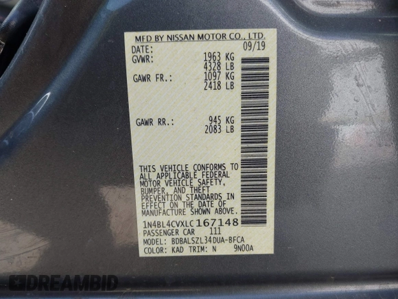 2020 Nissan Altima SR z VIN 1N4BL4CVXLC167148, wystawiony jako IAAI lot #41857964 z przebiegiem 111 344 mil mil oraz . Historia ofert i sprzedaży dostępna na DreamBid. Obrazek 9.