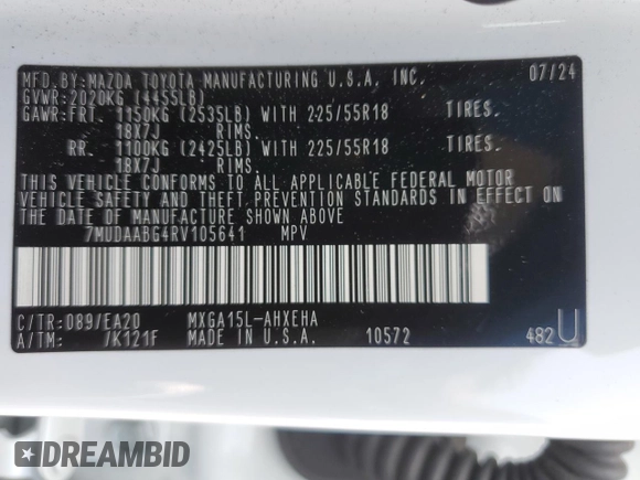2024 Toyota Corolla Cross XLE with VIN 7MUDAABG4RV105641, listed as a Copart auction lot 58950855 with 5,805 mi miles and Salvage title. Bid and sale history available at DreamBid. Image 12.