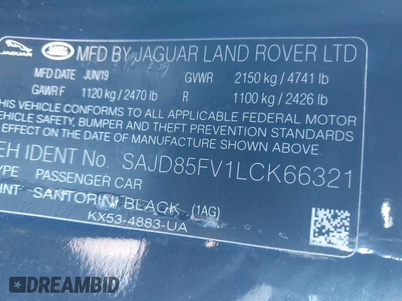 2020 Jaguar F-Type with VIN SAJD85FV1LCK66321, listed as a IAAI auction lot 41318564 with 45,883 mi miles and . Bid and sale history available at DreamBid. Image 9.